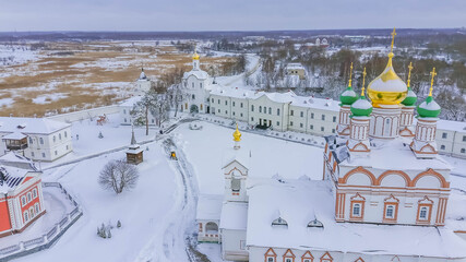 Aerial view of Varnitsky Monastery in Rostov, Yaroslavl Oblast, Russia, shows snow blanketing...