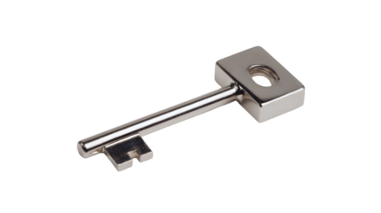 Shiny metal key with square head and hole on black background