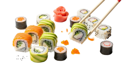 Vibrant japanese sushi maki rolls (salmon, avocado, crab) with tobiko, sesame, ginger, on transparent background, chopsticks holding roll mid-air. Concept of fresh asian cuisine