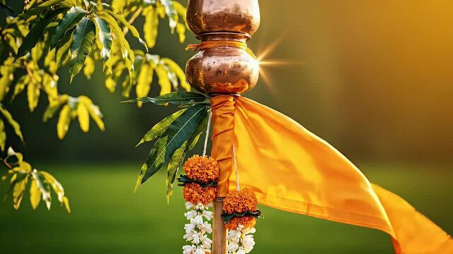 Gudi Padwa background with gudi flag silk cloth and pot symbolism for Hindu New Year design