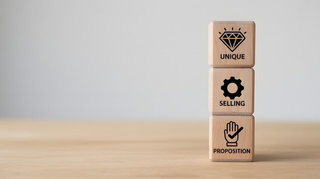 Visualizing Business Success Unique Selling Proposition Concept with Stacked Wooden Blocks for Strategic Market Positioning