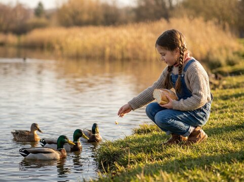 Young girl feeding ducks by the pond during golden hour  