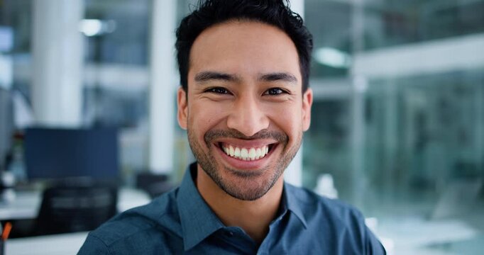 Face, financial director and businessman with confidence in office, professional and corporate career. Laughing, portrait and person with pride for company development, money management and smile