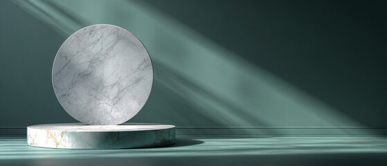 Elegant geometric podium with marble disc and spotlight shadows on green wall background