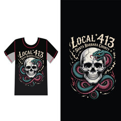 Fototapeta premium Skull and Serpent Design: Bold and striking design features a skull entwined with a serpent, evoking themes of mortality and danger. Ideal for apparel, showcasing unique artistic style.