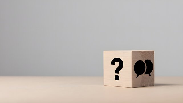 Minimalist Photograph of a Wooden Cube with Question Mark and Speech Bubbles on a Table - Powered by Adobe