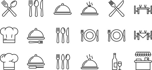 Restaurant and dining icon collection featuring cutlery, chef hats, serving trays, plates, wine, tables, and simple food service symbols