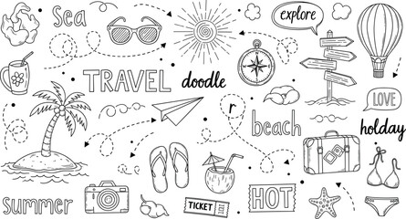 Fun travel doodle collection with beach elements, suitcase, compass, palm tree, camera, summer icons, and vacation adventure sketches © Rubya