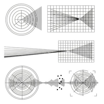 Dynamic abstract geometric line art showing linear perspective and radial designs, perfect for modern art backgrounds or technical illustrations, offering cool style