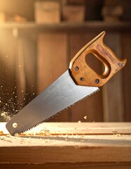 Classic hand saw with a wooden handle, teeth in focus, sawdust in the air, warm works