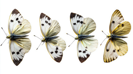 Four White Butterflies Isolated on White Background, Cabbage White Butterfly Species