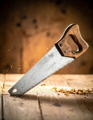Classic hand saw with a wooden handle, teeth in focus, sawdust in the air, warm works