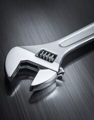 Chrome-plated adjustable wrench on a dark metallic background, highlighting the textu