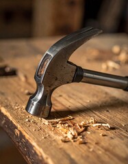 Close-up of a heavy-duty steel claw hammer with a rubber grip, lying on a weathered w