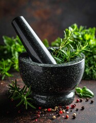 Granite mortar and pestle with fresh herbs and peppercorns, macro shot, authentic tex