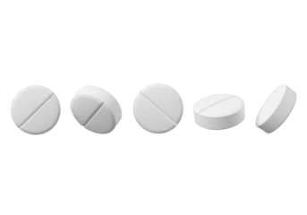 Multiple transparent, round medical tablets with score lines, subtly rotated, isolated on a solid dark black, shadowless background, 3/4 top-down macro shot. Concept of clinical accuracy and