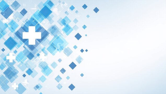 Dynamic Blue Geometric Abstract Background with White Medical Cross Symbol.