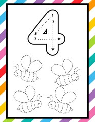 Number 4 Tracing, Counting and Coloring Worksheet for Preschool and Kindergarten Kids