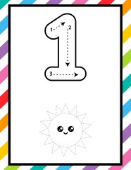 Number 1 Tracing, Counting and Coloring Worksheet for Preschool and Kindergarten Kids