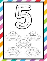 Number 5 Tracing, Counting and Coloring Worksheet for Preschool and Kindergarten Kids