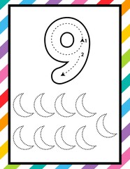 Number 9 Tracing, Counting and Coloring Worksheet for Preschool and Kindergarten Kids