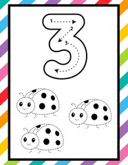 Number 3 Tracing, Counting and Coloring Worksheet for Preschool and Kindergarten Kids