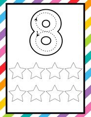 Number 8 Tracing, Counting and Coloring Worksheet for Preschool and Kindergarten Kids