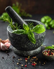 Granite mortar and pestle with fresh herbs and peppercorns, macro shot, authentic tex