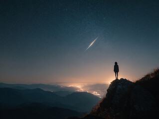 Silhouette of explorer on mountain peak under starry sky and bright falling meteor