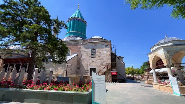 Konya, Turkey, June 11, 2024: Mevlana Museum. This sacred place and symbol of peace preserves the legacy of the great poet and mystic Rumi. Mevlana's Tomb and Mosque (Mevlana T&uuml;rbesi ve Camii) 4К
