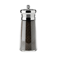Glass pepper shaker with silver lid, isolated on white or transparent background, PNG Format.