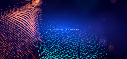 Network big data communcation blue and orange dot glowing on dark background.