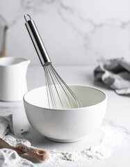 Stainless steel whisk resting on a ceramic mixing bowl, flour dusting on a marble cou