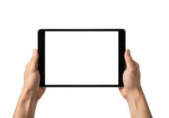 Two clean adult hands holding a modern black digital tablet horizontally, its blank bright white screen against a transparent studio background, professional technology product concept