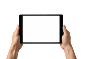 Two clean adult hands holding a modern black digital tablet horizontally, its blank bright white screen against a transparent studio background, professional technology product concept