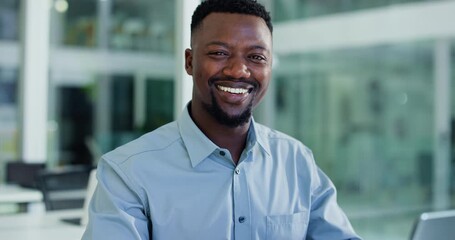 Face, business and black man with smile in office for career pride, about us and accounting company. Portrait, male person and ambition with laptop, financial bookkeeping and consultant of investment