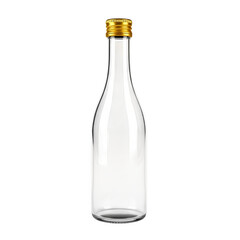 Empty glass bottle with gold cap, isolated on white or transparent background, PNG Format.