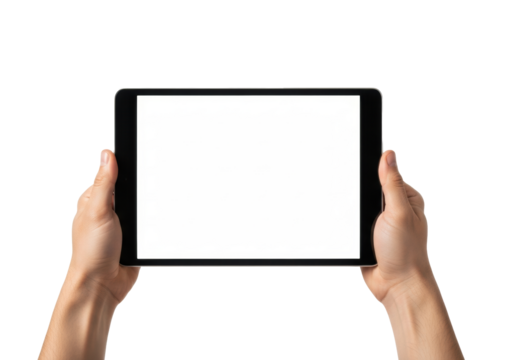 Two clean adult hands holding a modern black digital tablet horizontally, its blank bright white screen against a transparent studio background, professional technology product concept - Powered by Adobe