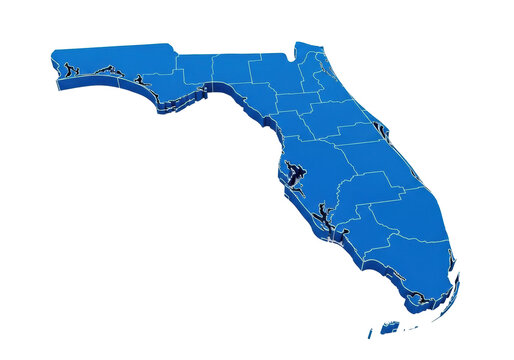 Meticulously detailed 3D rendering of the map of Florida in deep cerulean blue, sharp contours, isolated on transparent background with studio lighting, concept of geographical precision