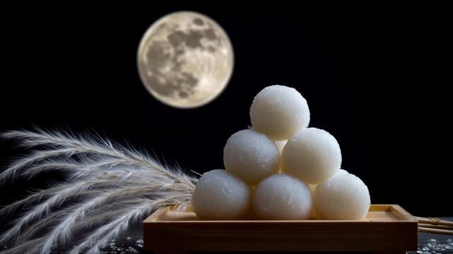 秋の夜に大きな月、すすき、月見団子を供える風景