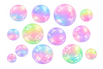 Floating soap bubbles displaying rainbow colors and iridescent reflections on a transparent background