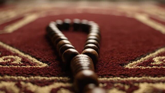 Wooden Tasbih on Red Prayer Mat Symbolic of Islamic Worship and Ramadan