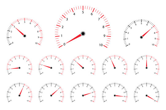 Set of various speedometers and gauges with red needles and black numbering
