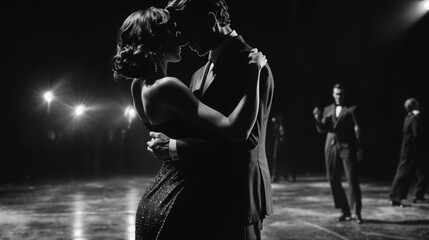 Tango dance championship featuring passionate couples embracing on stage in black and white, dance advertising web, hobby for adults, tango music blogs, tango Dj, milonga, tango Championship in Buenos