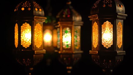 Ornate Arabic Lanterns Fanoos Glowing Dark Background Ramadan