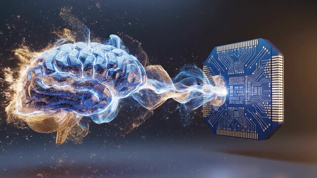 Conceptual 3D animation of a digital brain connecting with a futuristic AI processor chip via a flowing stream of energy and particles, symbolizing data transfer and computation.