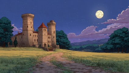 Magical Moonlit Castle Illustration - Ancient Fortress on Grassy Hillside with Winding Path Under a Full Moon and Dramatic Clouds.