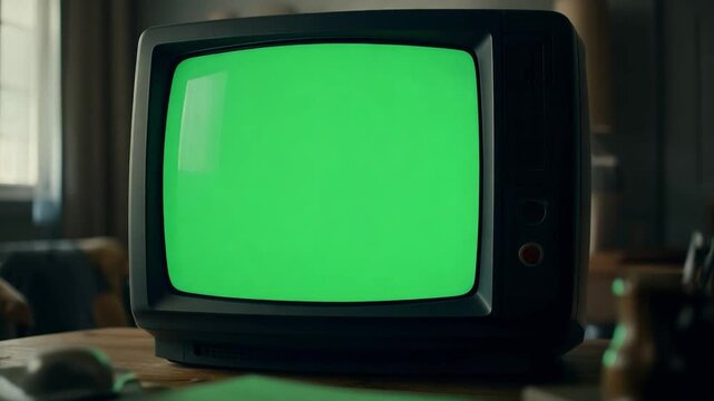 Retro Television with Green Screen: An old-fashioned television, screen ablaze with vibrant green, set against a backdrop of classic decor.