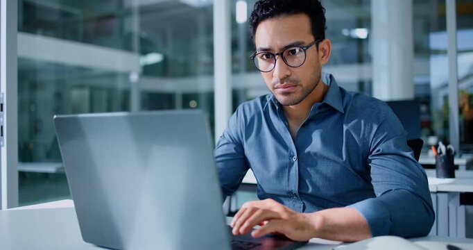 Typing, businessman and laptop in office for project report, company audit or online research. Finance, accountant and communication with tech for performance review, management or bookkeeping
