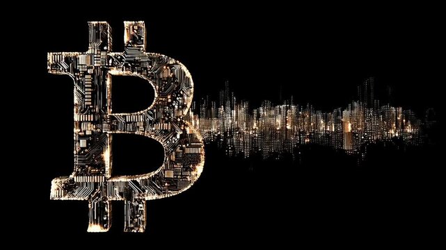 Bitcoin coin launched from crypto rocket concept. Bitcoin coin launched from crypto rocket concept, featuring a city skyline made of circuit patterns and lights. 